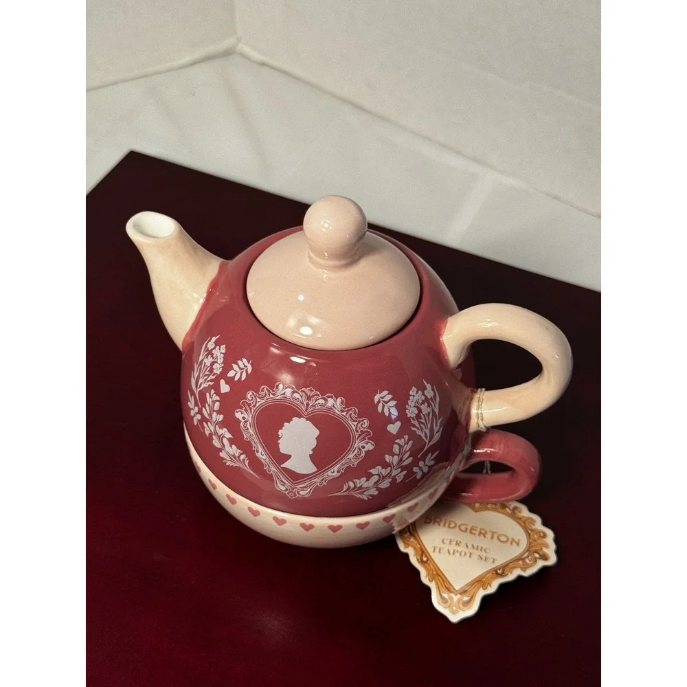 Bridgerton Limited Edition Pink Cameo Design Stacked Romantic Teapot and Cup Set